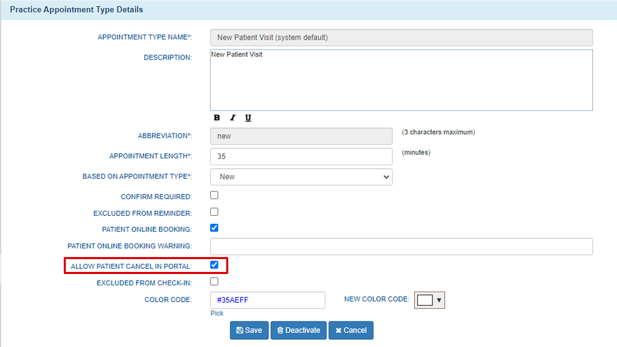 Appt in portal Allow Patent Cancel in Portal