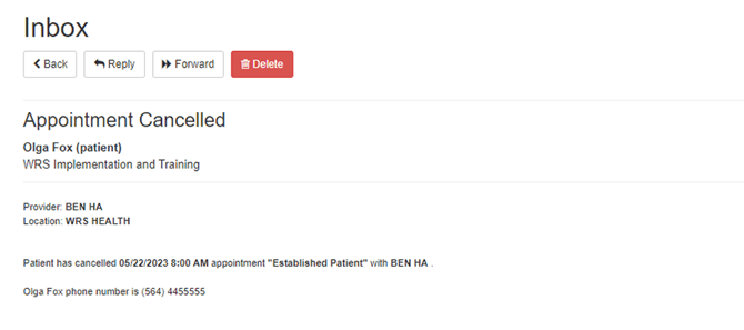 Appt in portal - inbox cancelled appointment