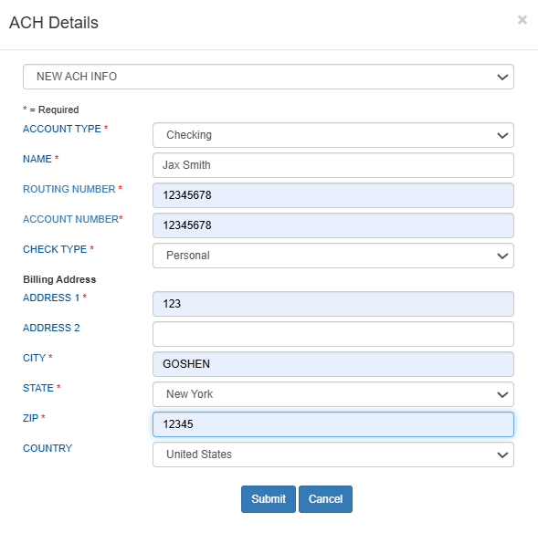 ACH bank details entry