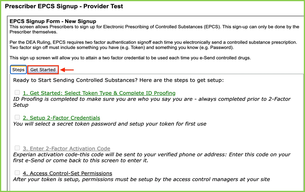 Prescriber EPSE Signup Provider Test Get Started