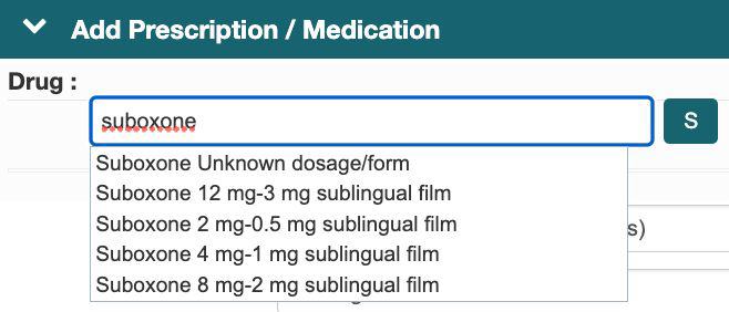 Select Prescription Dropdown