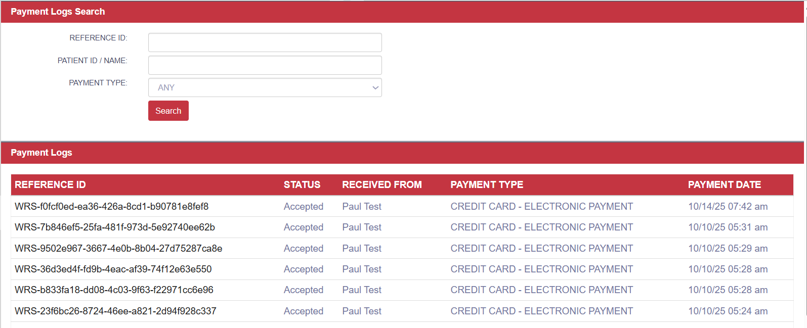 Payment Logs list view